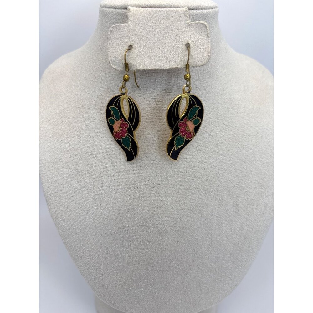 Vintage Gold Tone Cloisonne Floral Dangle Earrings Black with Pink and Green